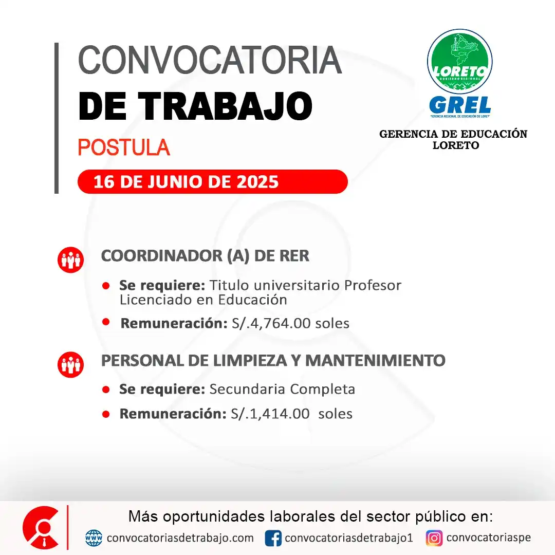 Image from Convocatorias de Trabajo 🇵🇪: 🚨 Oportunidad laboral en: GERENCIA DE EDUCACIÓN LORETO - Loreto 🏢 ✅ ...