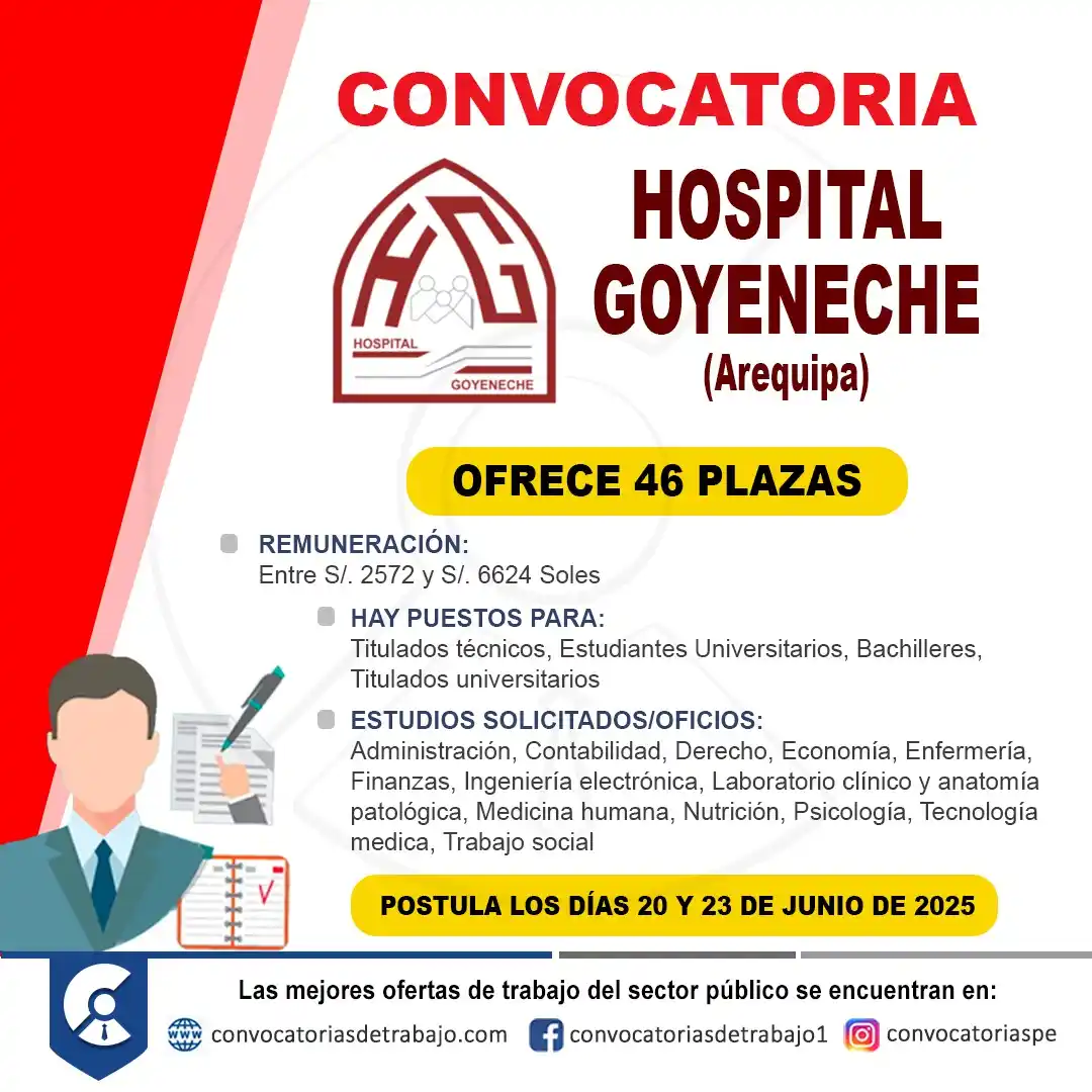 Image from Convocatorias de Trabajo 🇵🇪: 🚨 Oportunidad laboral en: HOSPITAL GOYENECHE - Arequipa 🏢 ✅ Vacantes...