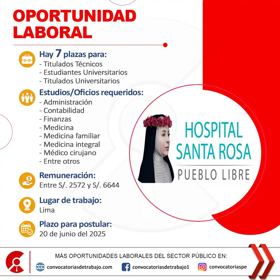 Image from Convocatorias de Trabajo 🇵🇪: 📢 Oportunidad laboral en: HOSPITAL SANTA ROSA (Lima) 📋 Más informaci...