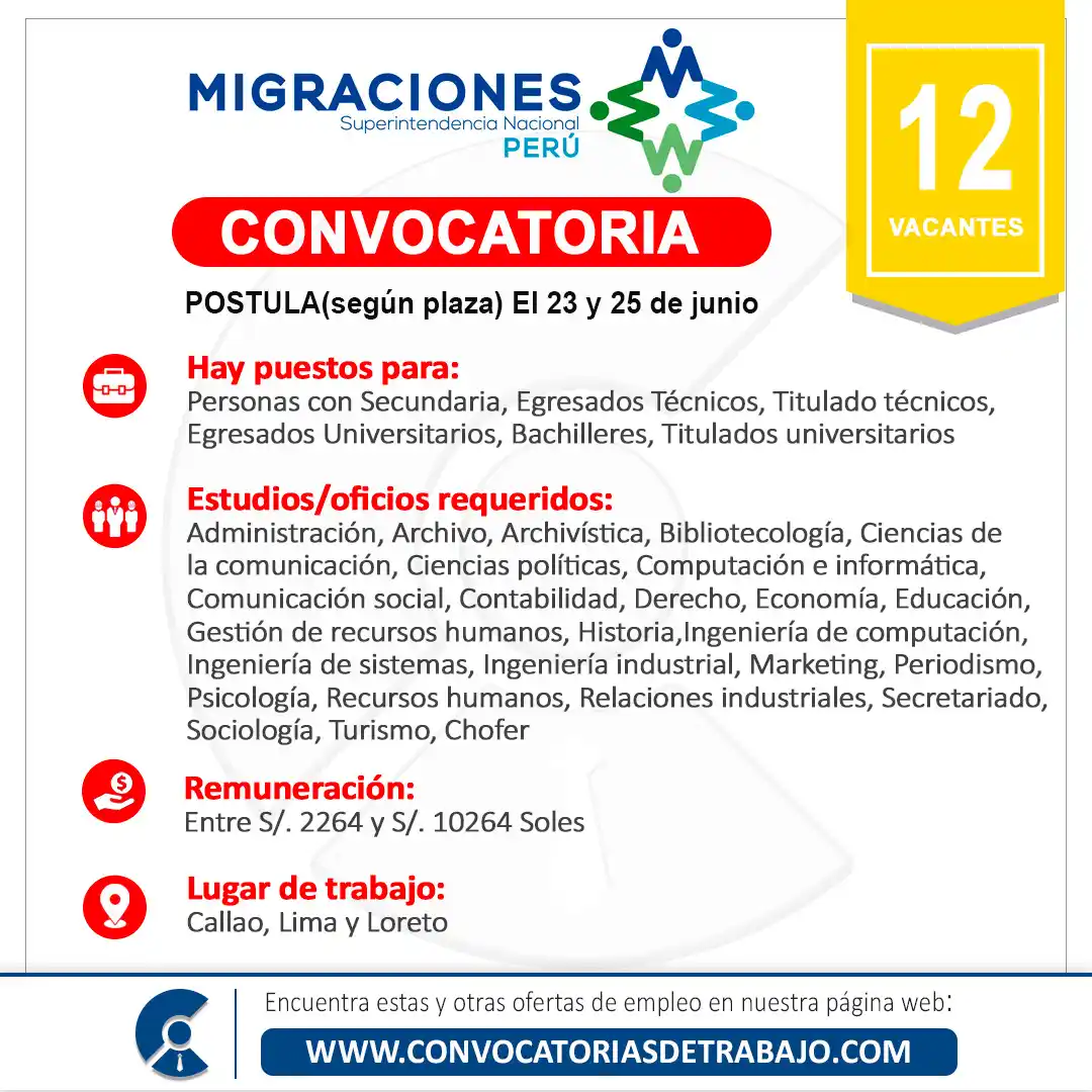 Image from Convocatorias de Trabajo 🇵🇪: 💪💪 Oportunidad laboral en: MIGRACIONES ✅ Vacantes: 12 📝 Más informa...