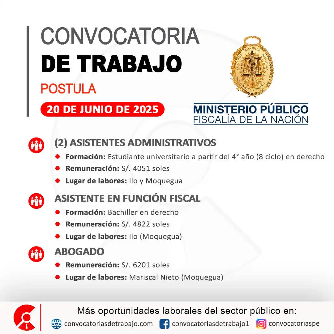 Image from Convocatorias de Trabajo 🇵🇪: 📢 Oportunidad laboral en: MINISTERIO PÚBLICO - FISCALÍA - Moquegua 📋...