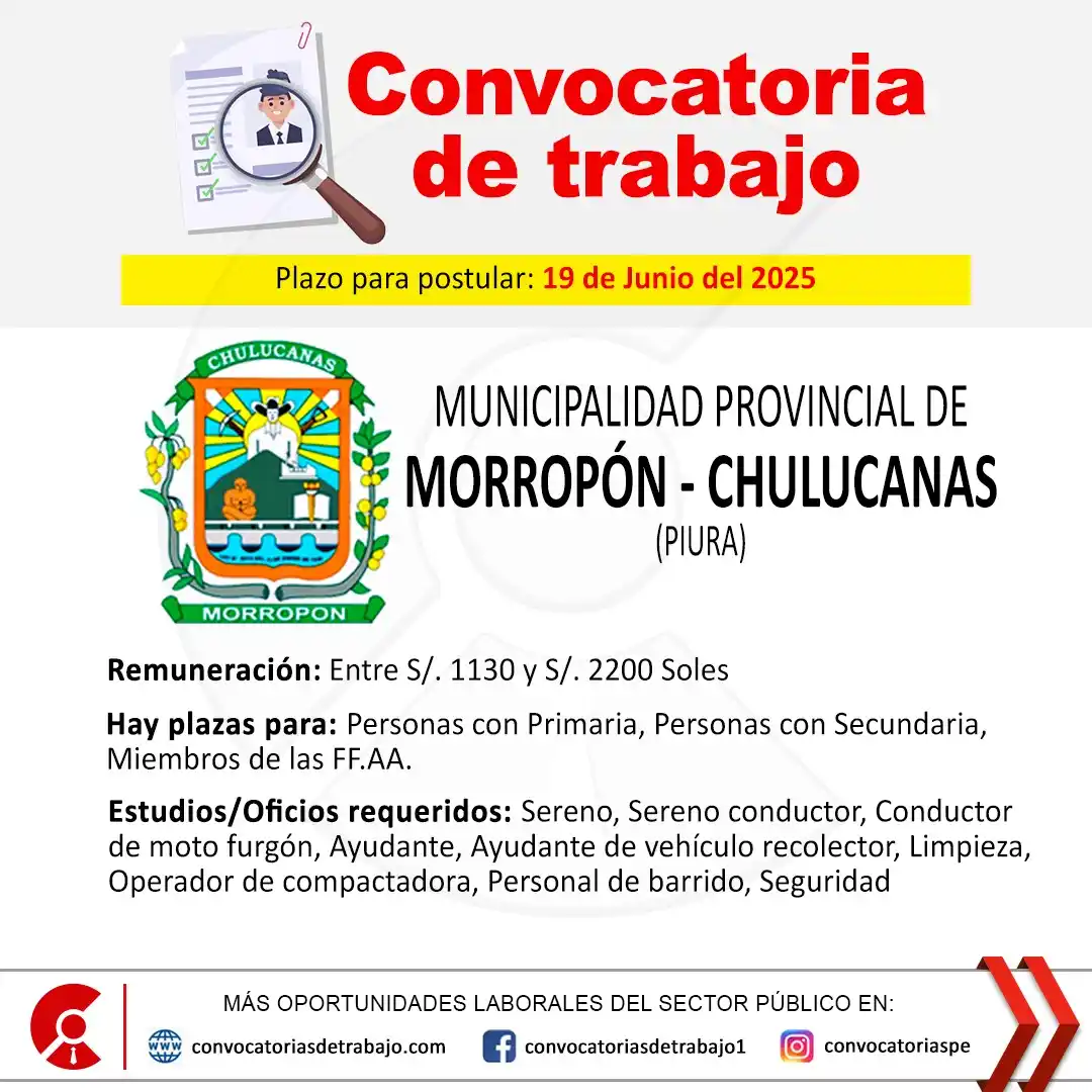 Image from Convocatorias de Trabajo 🇵🇪: 🚨 Oportunidad laboral en: MUNICIPALIDAD DE CHULUCANAS - Piura 🏢 ✅ Va...