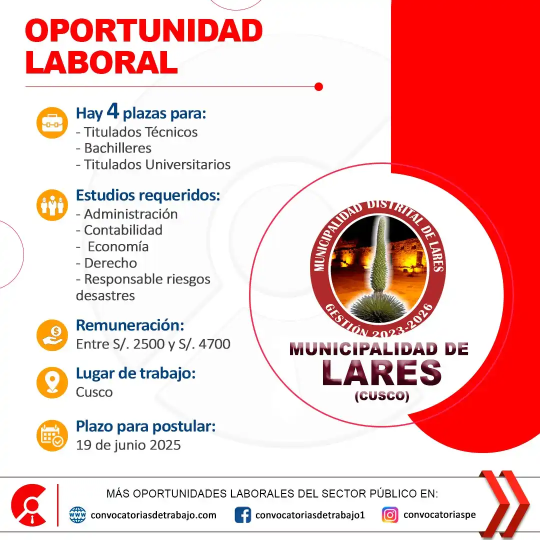 Image from Convocatorias de Trabajo 🇵🇪: 🚨 Oportunidad laboral en: MUNICIPALIDAD DE LARES - Cusco 🏢 ✅ Vacante...