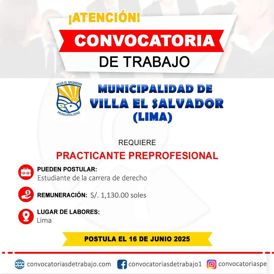 Image from Convocatorias de Trabajo 🇵🇪: 🚨 Oportunidad laboral en: MUNICIPALIDAD VILLA EL SALVADOR - Lima 🏢 ✅...