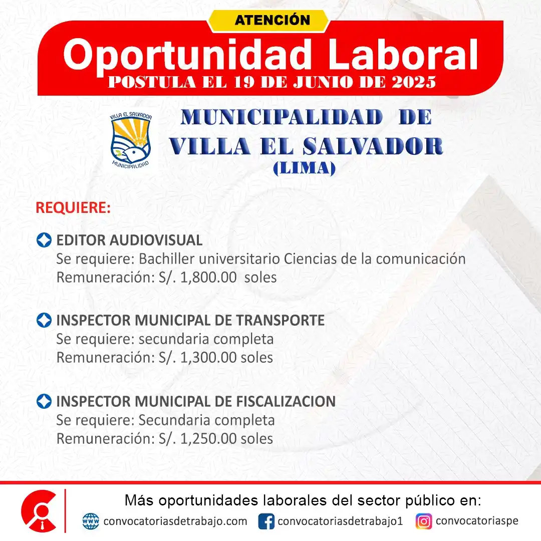 Image from Convocatorias de Trabajo 🇵🇪: 🚨 Oportunidad laboral en: MUNICIPALIDAD VILLA EL SALVADOR - Lima 🏢 ✅...