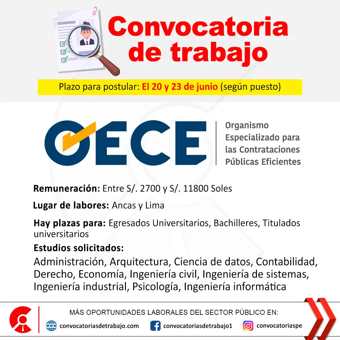 Image from Convocatorias de Trabajo 🇵🇪: 💪💪 Oportunidad laboral en: OECE ✅ Vacantes: 17 📝 Más información: �...
