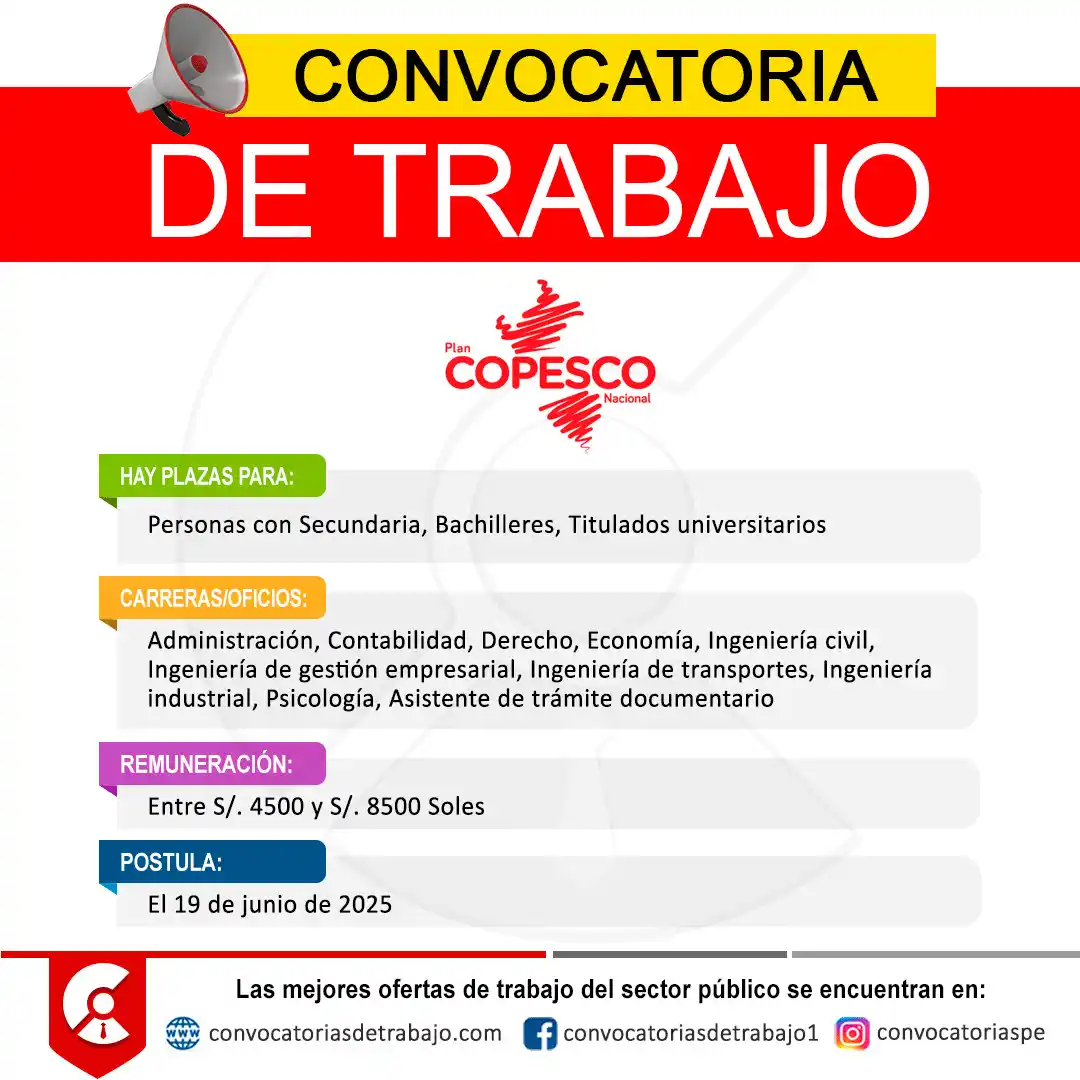 Image from Convocatorias de Trabajo 🇵🇪: 📢 Oportunidad laboral en: PLAN COPESCO - Lima 📋 Más información ↷ ht...
