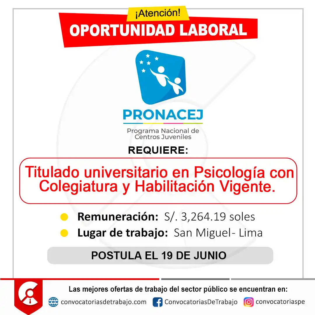 Image from Convocatorias de Trabajo 🇵🇪: 📢 Oportunidad laboral en: PROGRAMA DE CENTROS JUVENILES - Lima 📋 Más...