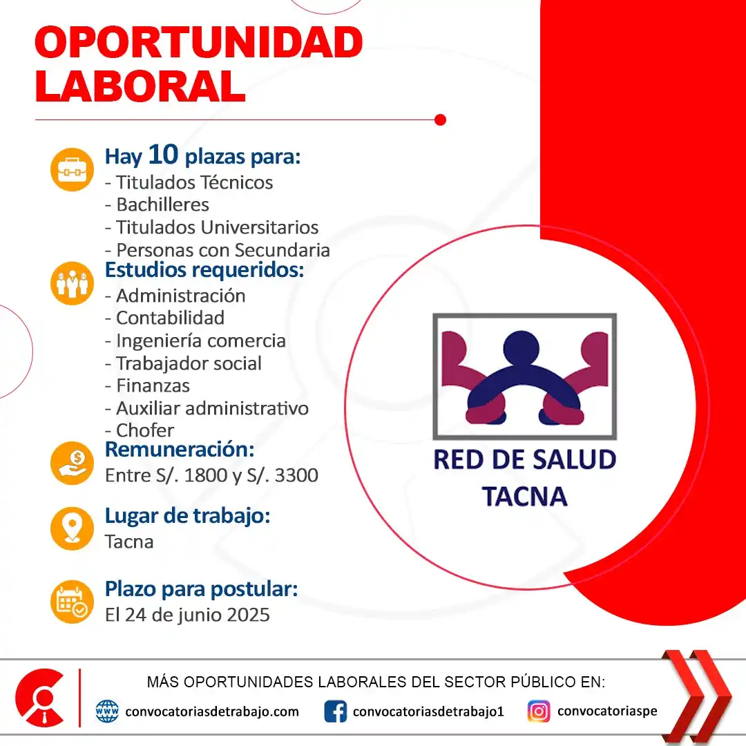 Image from Convocatorias de Trabajo 🇵🇪: 🚨 Oportunidad laboral en: RED DE SALUD TACNA - Tacna 🏢 ✅ Vacantes: 1...