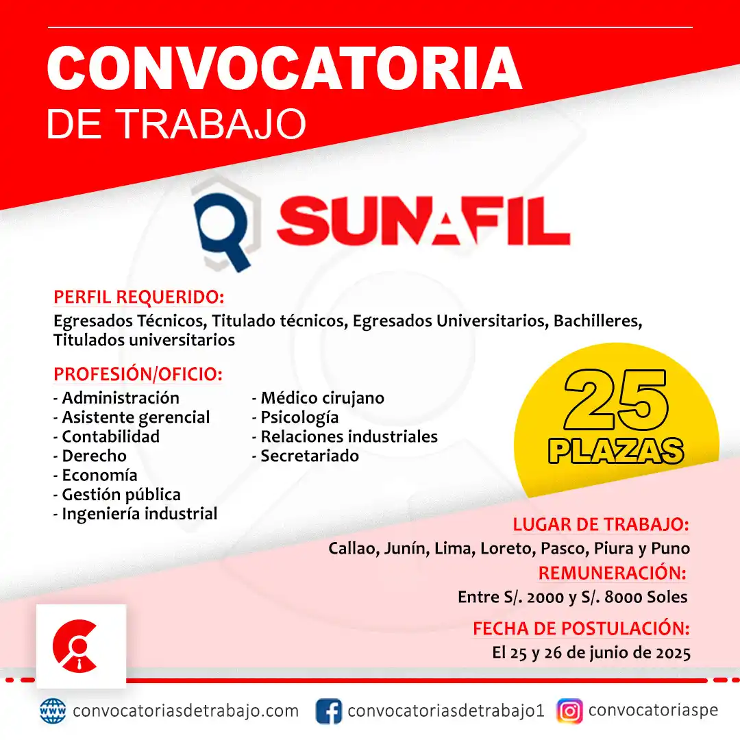 Image from Convocatorias de Trabajo 🇵🇪: 💪💪 Oportunidad laboral en: SUNAFIL ✅ Vacantes: 25 📝 Más información...