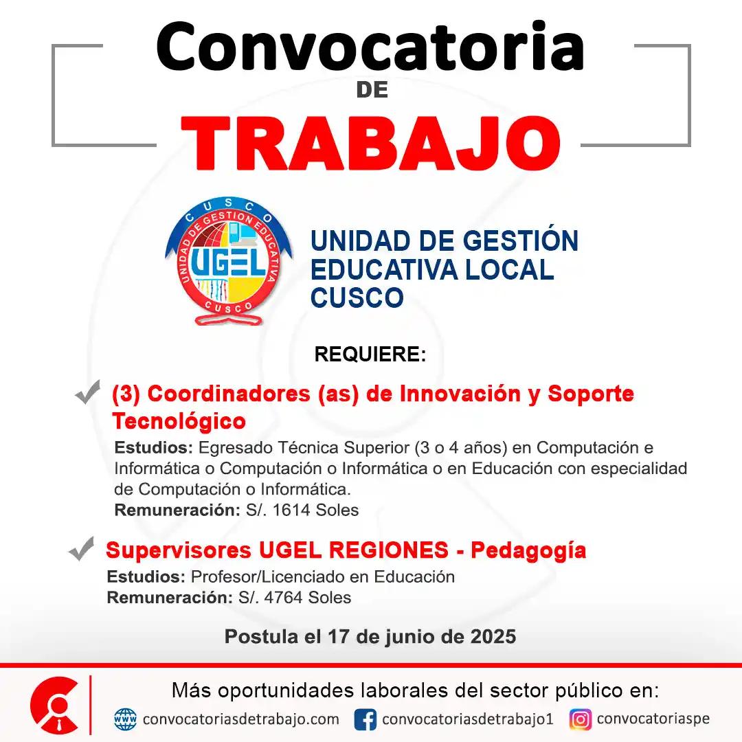 Image from Convocatorias de Trabajo 🇵🇪: 📢 Oportunidad laboral en: UGEL CUSCO - Cusco 📋 Más información ↷ htt...