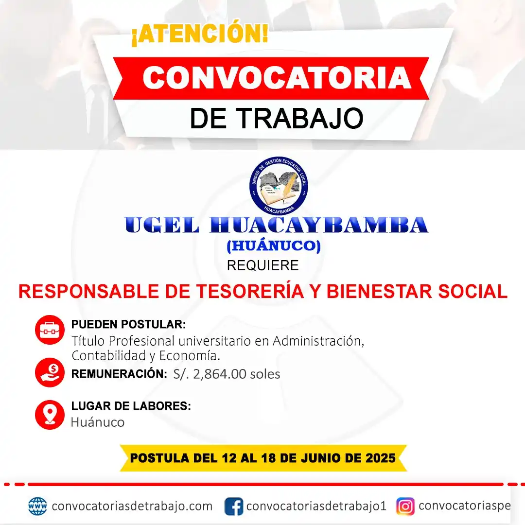 Image from Convocatorias de Trabajo 🇵🇪: 🚨 Oportunidad laboral en: UGEL HUACAYBAMBA - Huánuco 🏢 ✅ Vacantes: 1...