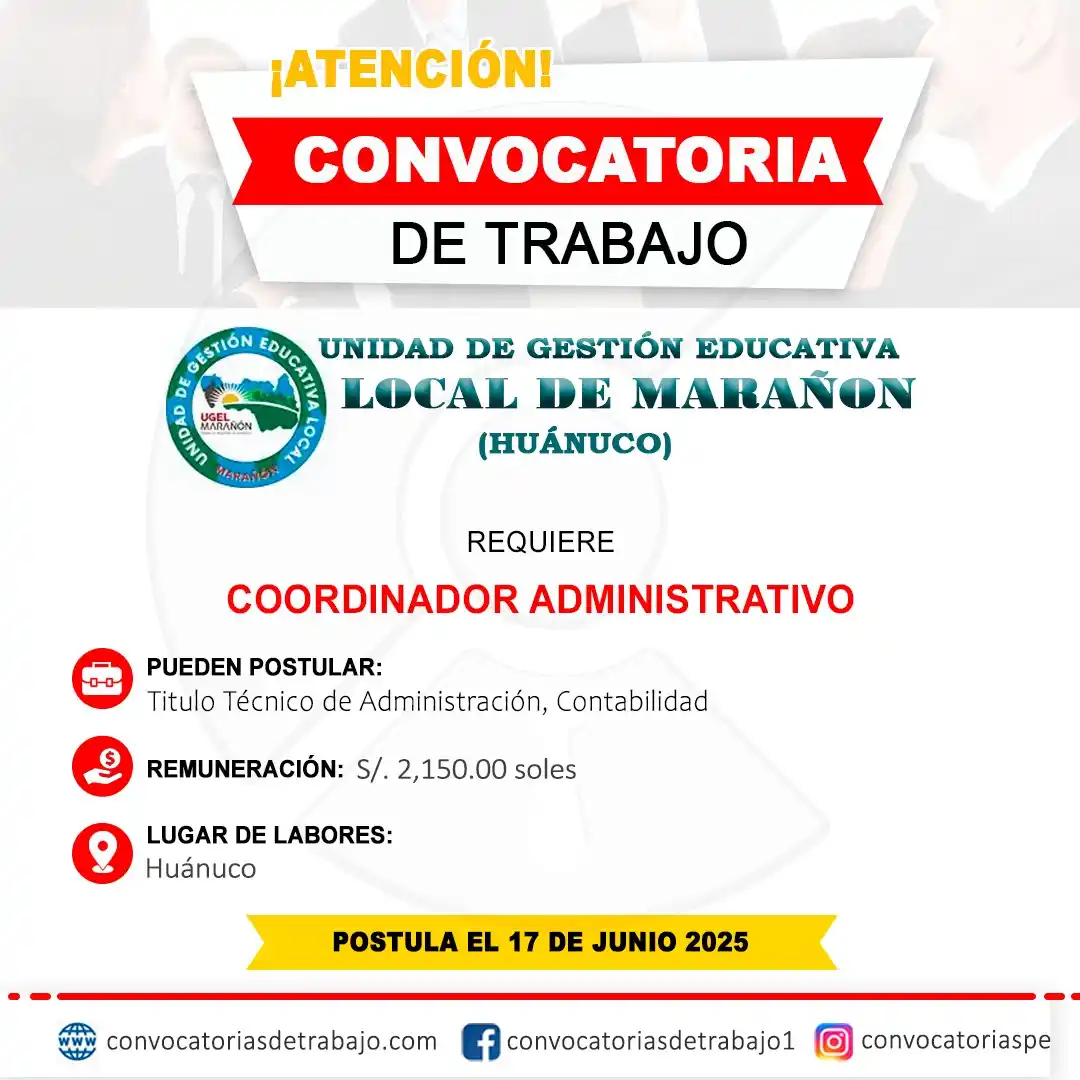 Image from Convocatorias de Trabajo 🇵🇪: 🚨 Oportunidad laboral en: UGEL MARAÑON - Huánuco 🏢 ✅ Vacantes: 1 📝...