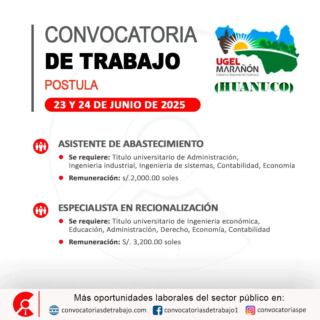Image from Convocatorias de Trabajo 🇵🇪: 🚨 Oportunidad laboral en: UGEL MARAÑON - Huánuco 🏢 ✅ Vacantes: 2 📝...