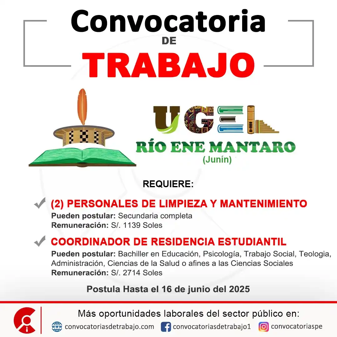 Image from Convocatorias de Trabajo 🇵🇪: 📢 Oportunidad laboral en: UGEL RÍO ENE MANTARO - Junín 📋 Más informa...
