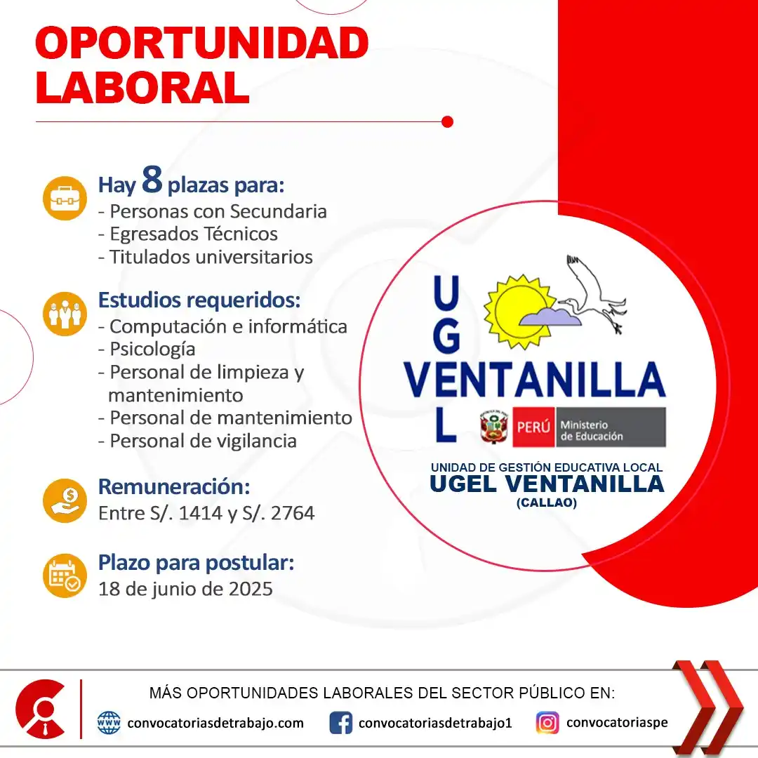 Image from Convocatorias de Trabajo 🇵🇪: 📢 Oportunidad laboral en: UGEL VENTANILLA - Callao 📋 Más información...