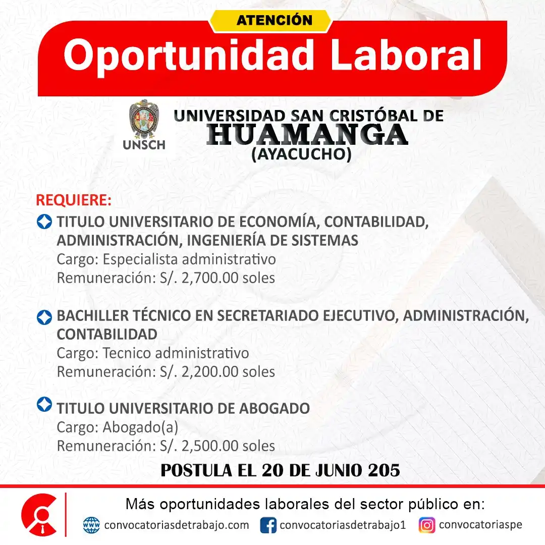 Image from Convocatorias de Trabajo 🇵🇪: 🚨 Oportunidad laboral en: UNIVERSIDAD SAN CRISTÓBAL DE HUAMANGA - Aya...