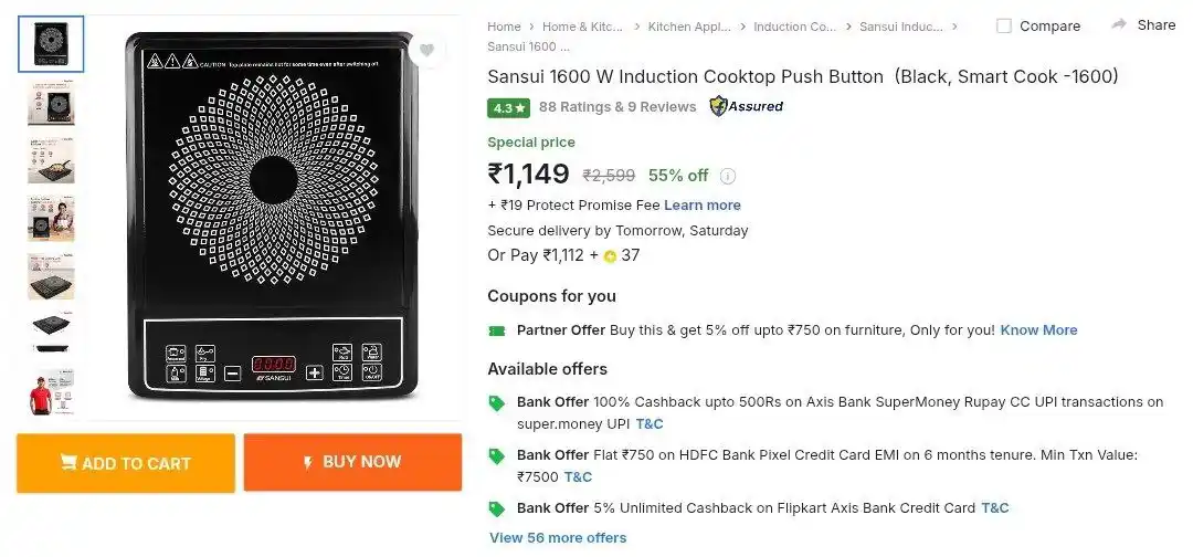Image from Loots4u : Deals & Offers: Sansui 1600W Induction Cooktop @1149 https://fkrt.to/BM03jk08...