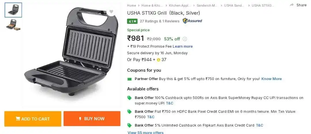 Image from Loots4u : Deals & Offers: USHA Grill Sandwich Maker @981 https://fkrt.to/SgfL6Zdy...