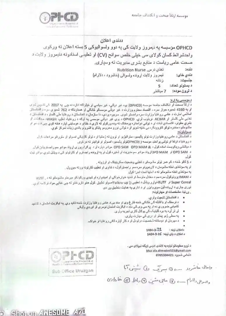 Image from خبرهای ولایت نیمروز: اعلان ۵ بست خالی تغذی نرس زنانه در ولسوالی خاشرود و دلارام از سوی مؤسس...