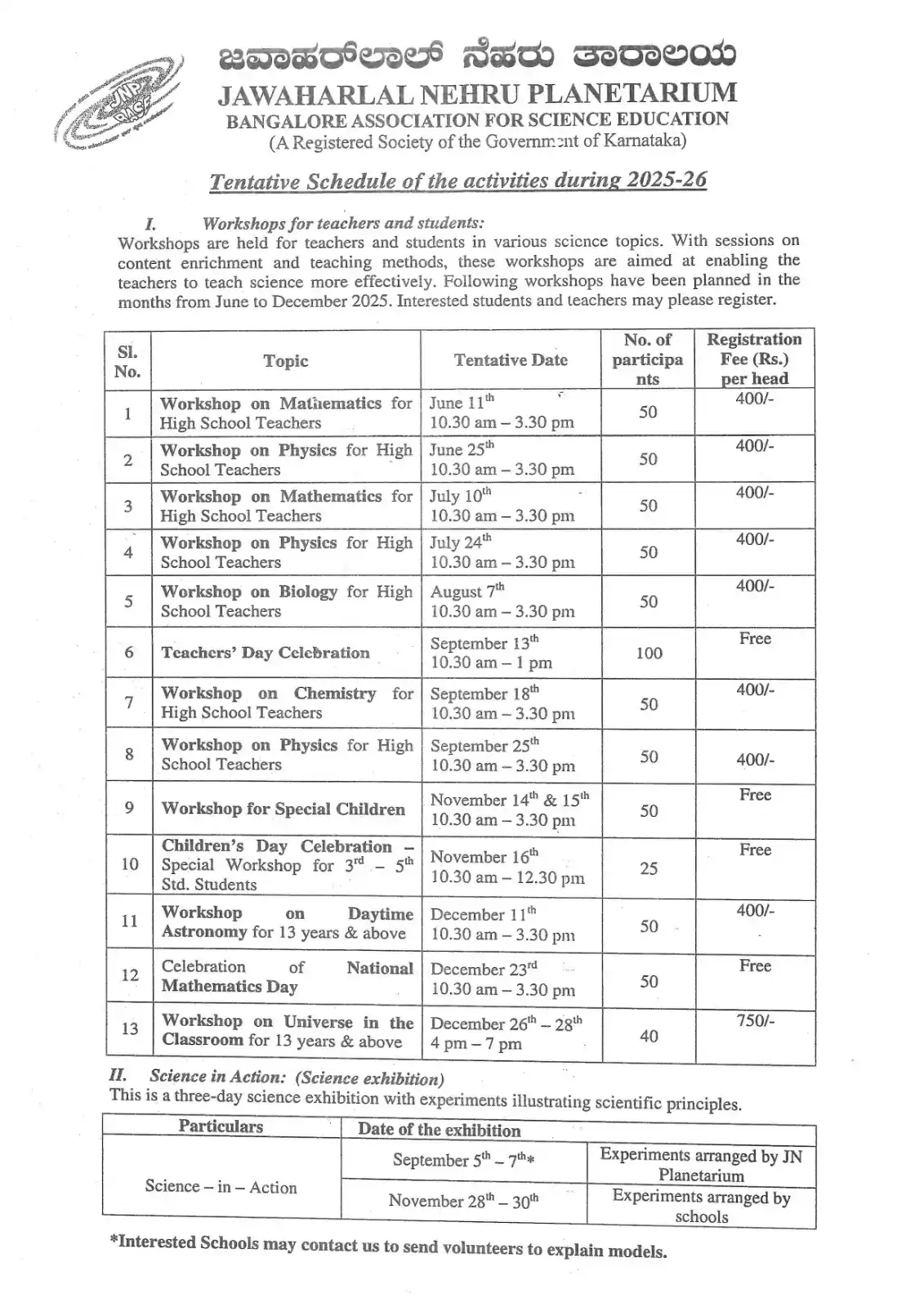 Jawaharlal Nehru Planetarium (Bangalore Association for Science Education) post
