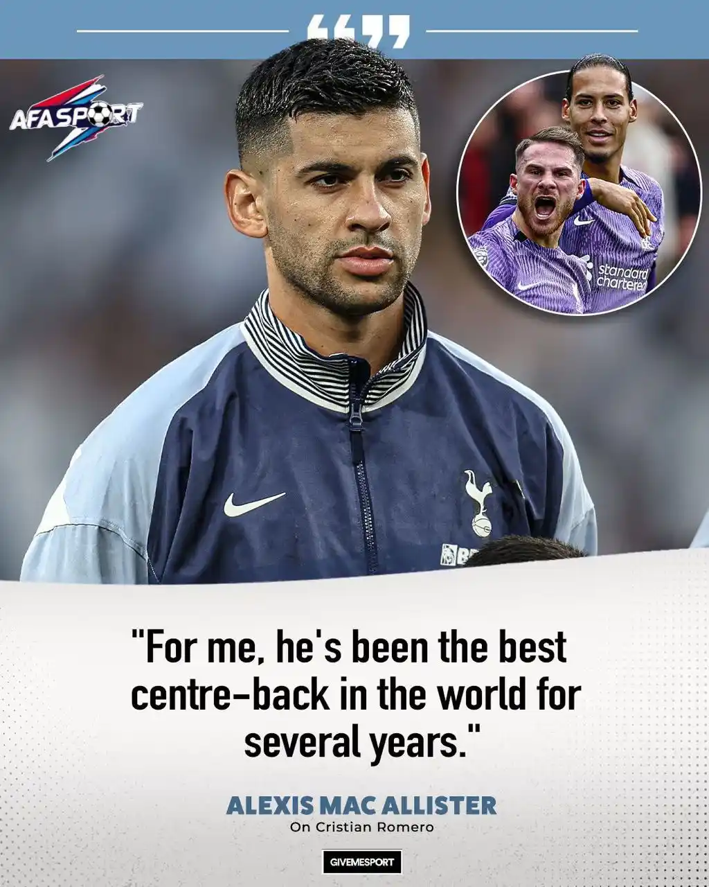 Image from Fastest Goal Zone™ ⚽🔥: Alexis Mac Allister believes Cristian Romero is the best centre-back i...