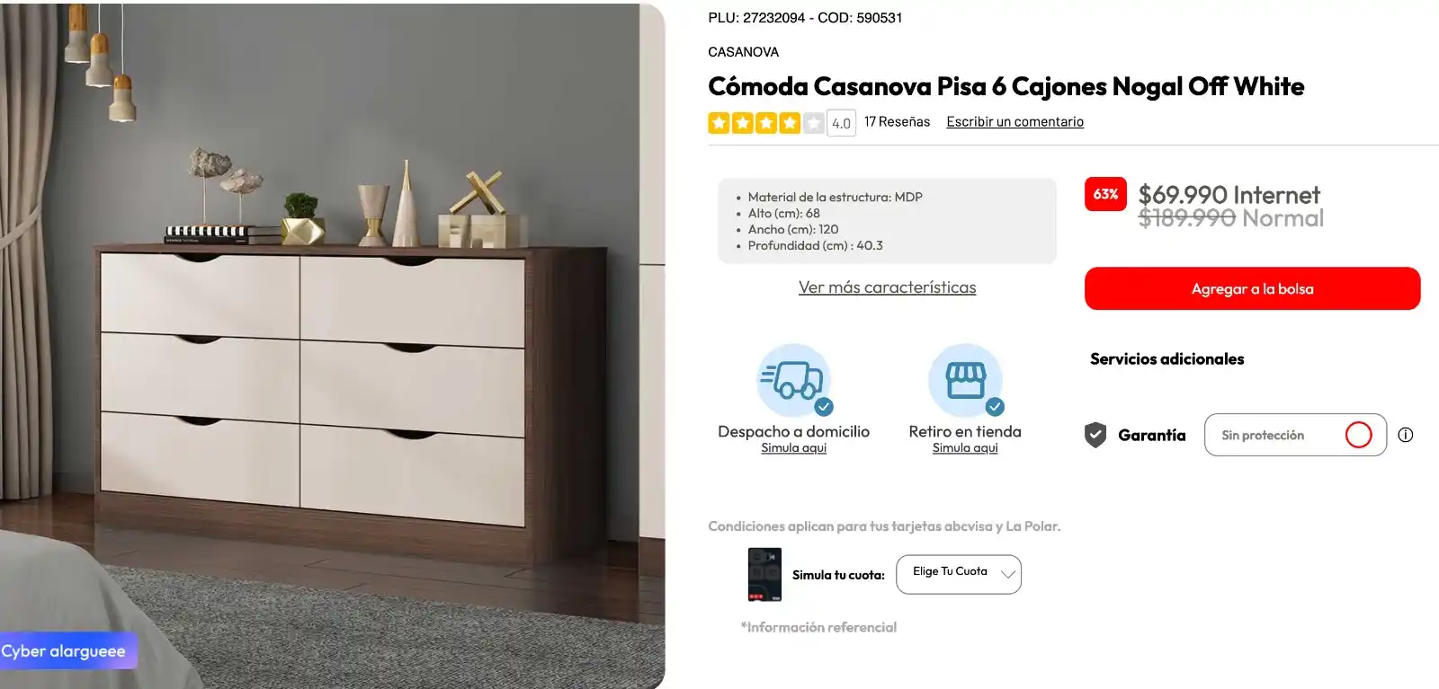 Image from Knasta Chile / Ofertas Y Cupones Exclusivos: CASANOVA Cómoda pisa 6 Cajones Nogal Off White OFERTA: $69.990🥳🙌(Ot...