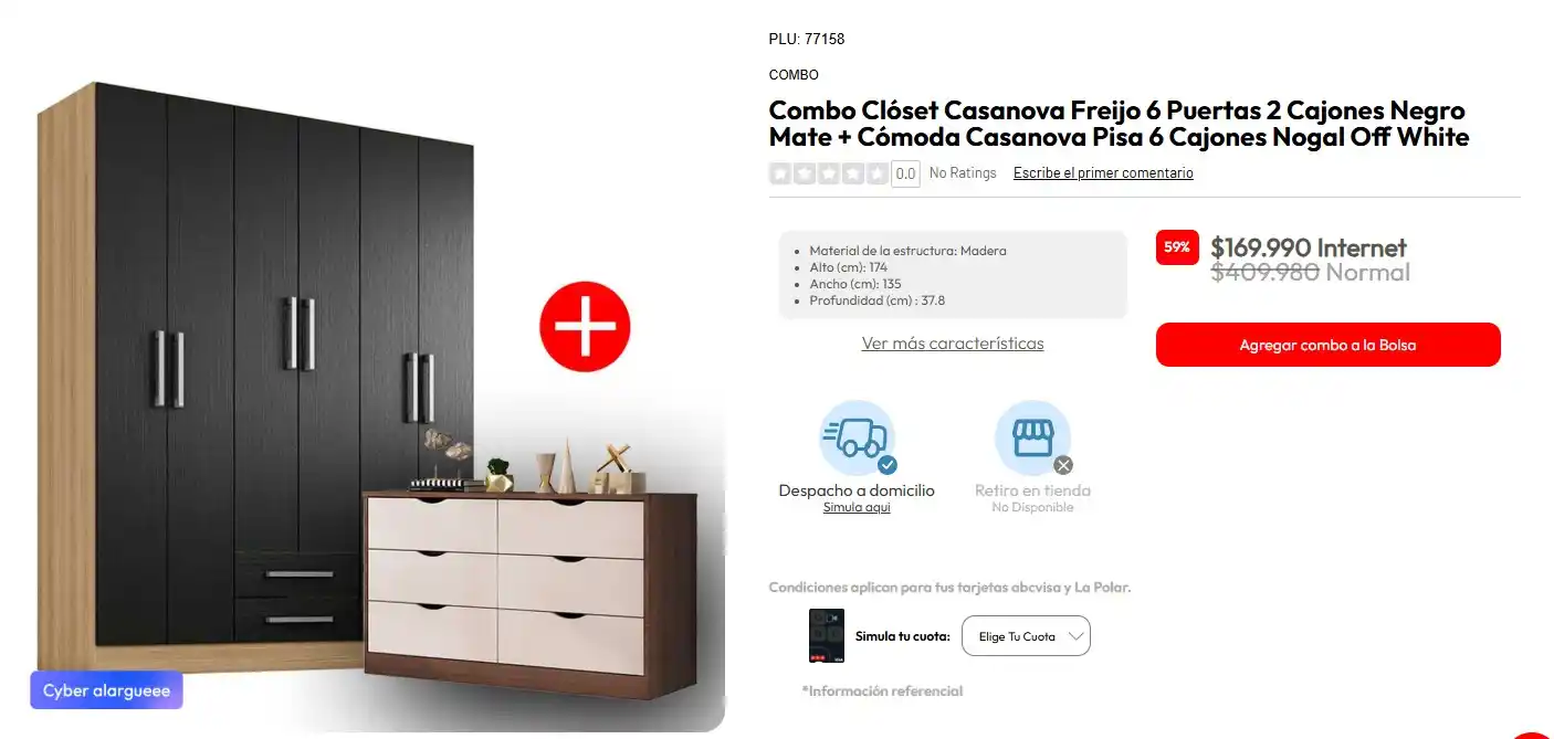 Image from Knasta Chile / Ofertas Y Cupones Exclusivos: Clóset Casanova Freijo 6 Puertas 2 Cajones Negro Mate + Cómoda Casanov...