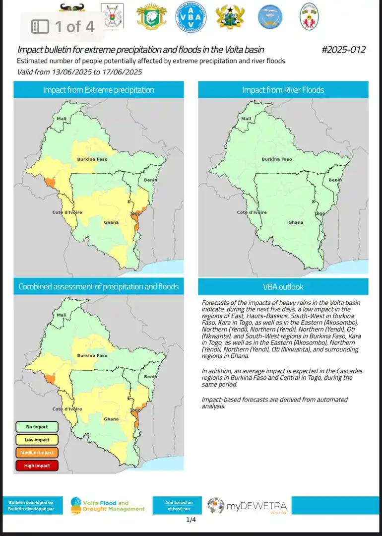 Image from Ghana Meteo. Agency: 🎯 Flood Bulletin Here's the Flood impact Bulletin for the Volta Basi...