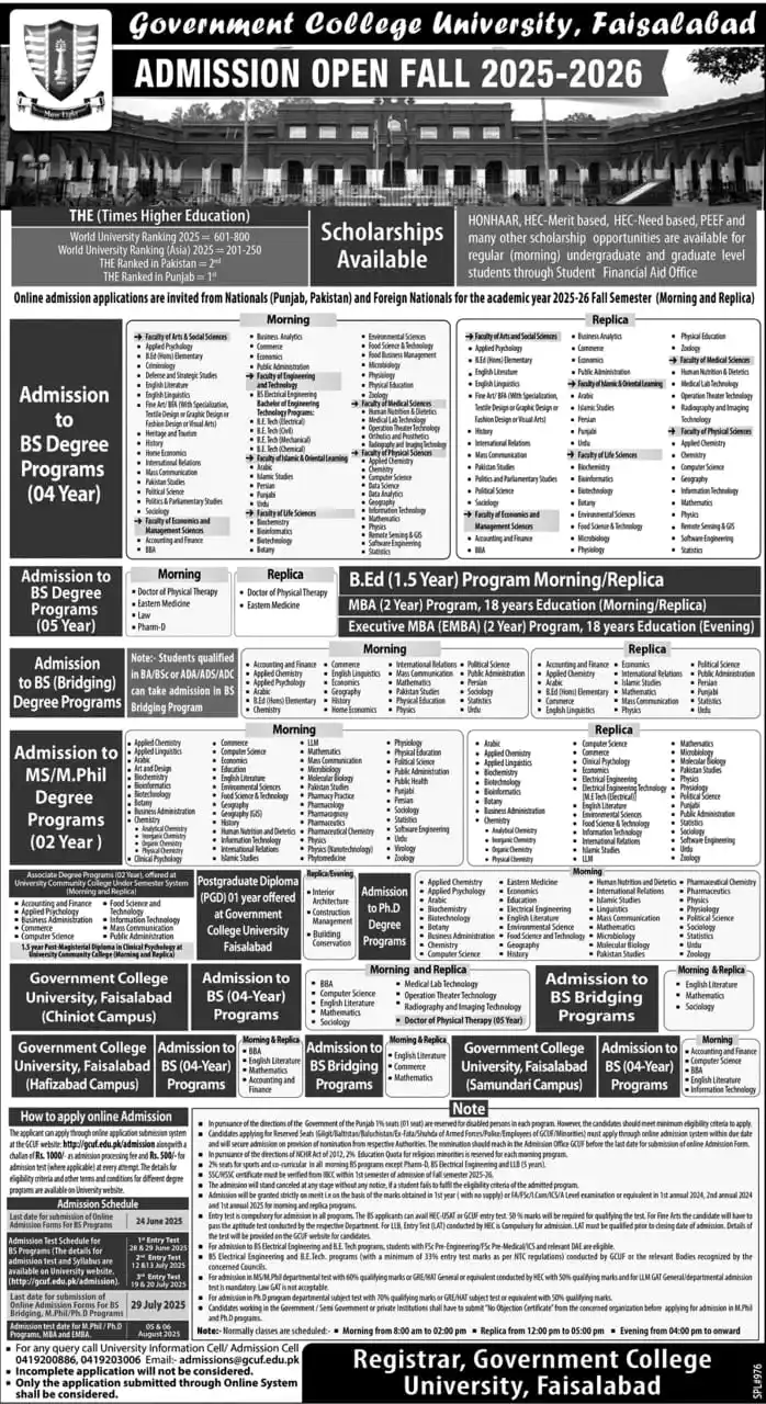 Image from Eduvision Career Counselling: گورنمنٹ کالج یونیورسٹی فیصل آباد نے فال 2025-2026 کے لیے داخلوں کا اعل...