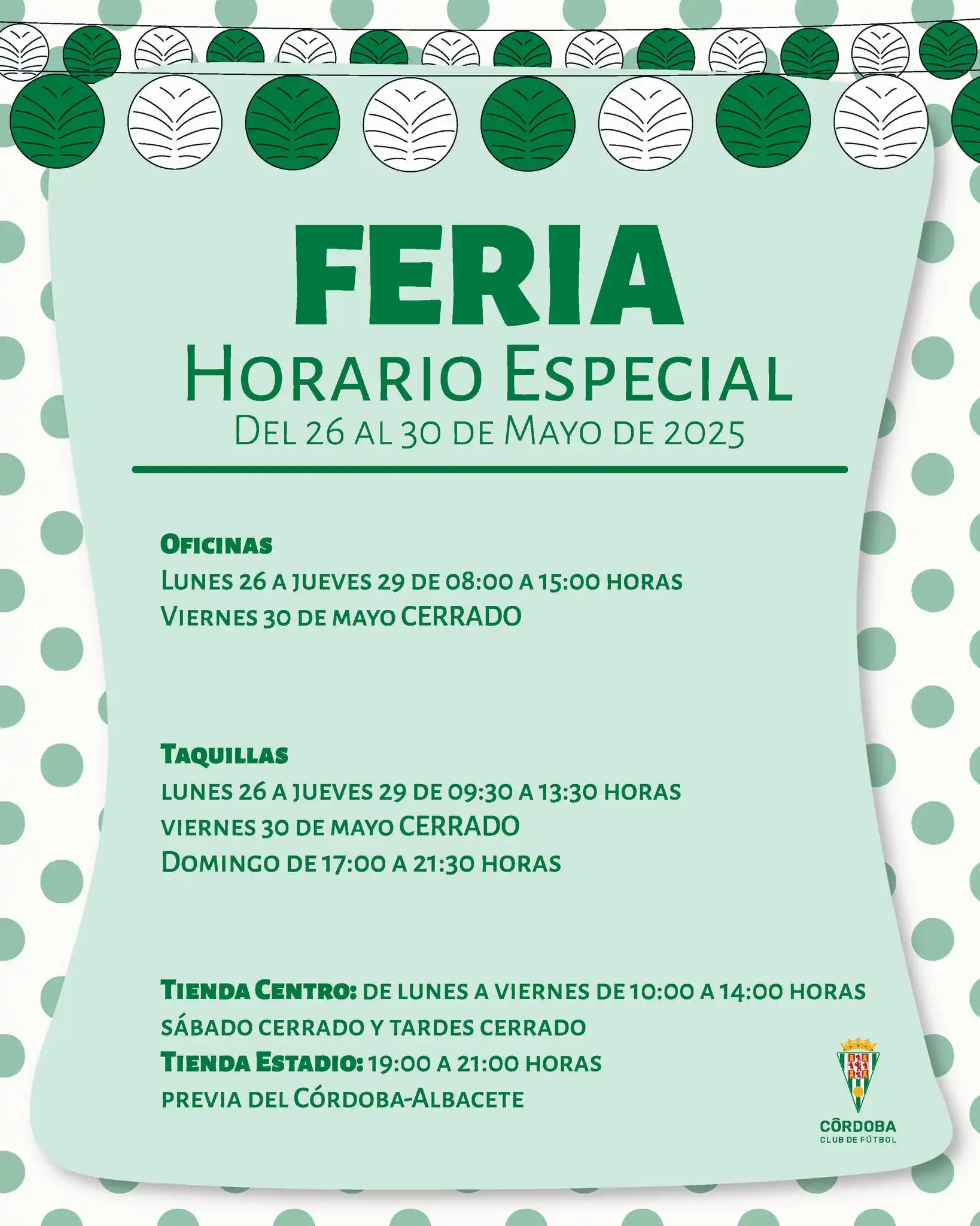 Image from Córdoba CF: ℹ️ ʜᴏʀᴀʀɪᴏ ᴇꜱᴘᴇᴄɪᴀʟ ⏰ | Durante la semana de Feria 🎡 tendremos unos...