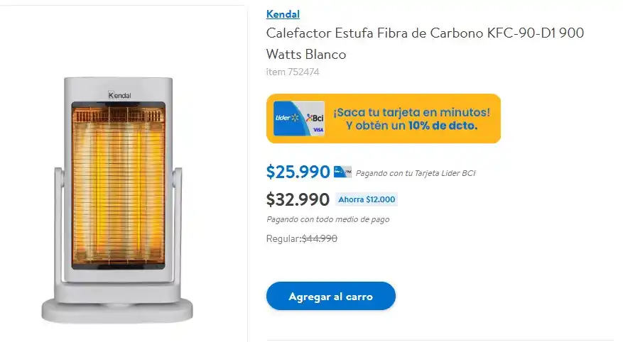 Image from Knasta Chile / Ofertas Y Cupones Exclusivos: Kendal - Calefactor Estufa Fibra de Carbono Pagando con Lider BCI a $...