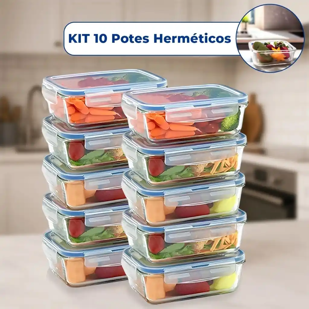 Image from Promodescontos (canal): 🛍️Kit 10 Pote de Vidro Hermético Retangular 4 Travas Marmita Fit Micr...
