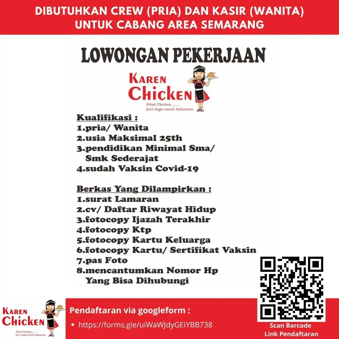 Image from INFO LOKER SEMARANG: *LOKER SEMARANG* Crew (Pria) & Kasir (Wanita) Karen Chicken Kualifika...