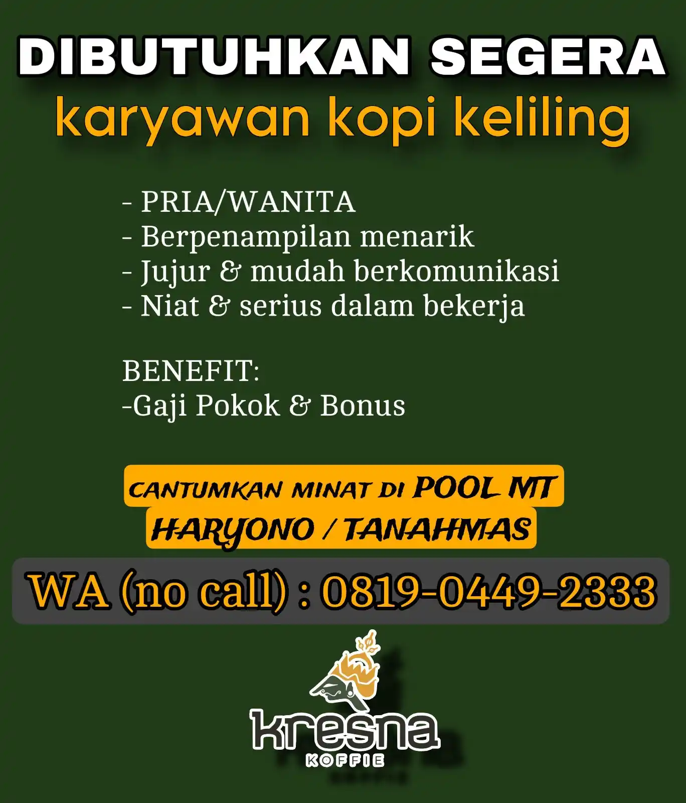 Image from INFO LOKER SEMARANG: *LOKER SEMARANG* Karyawan Kopi Keliling Kresna Koffie Kualifikasi : -...