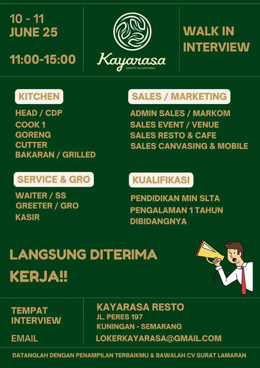 Image from INFO LOKER SEMARANG: *LOKER SEMARANG* Kitchen, Sales/Marketing, Service & GRO Resto Kayaras...