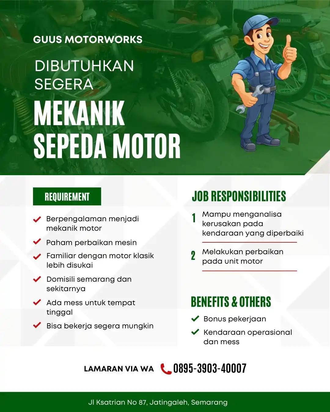 Image from INFO LOKER SEMARANG: *LOKER SEMARANG* Mekanik Sepeda Motor Guus Motorworks Kualifikasi : -...