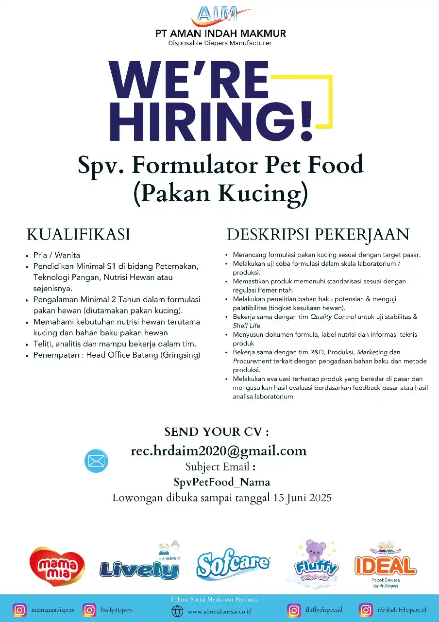 Image from INFO LOKER SEMARANG: *LOKER SEMARANG* Spv Formulator Pet Food PT Aman Indah Makmur Kualifi...