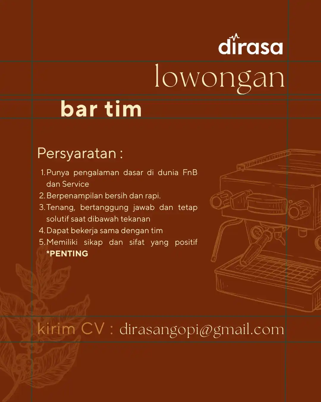 Image from INFO LOKER SEMARANG: *LOKER SEMARANG* Tim Bar Dirasa Kopi Kualifikasi : - Punya pengalaman...