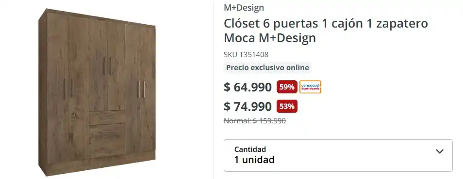 Image from Knasta Chile / Ofertas Y Cupones Exclusivos: M+Design - Clóset 6 puertas 1 cajón 1 zapatero Moca Con excelente dis...