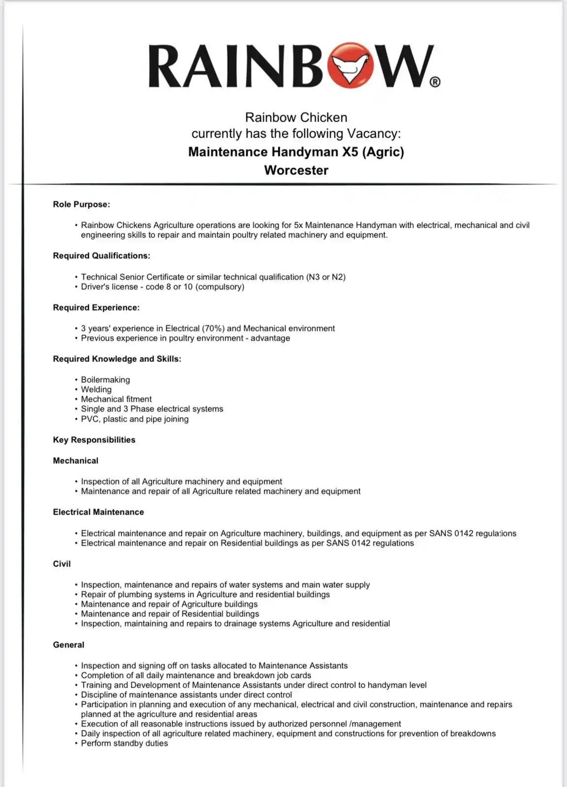 Image from Engineering Jobs, Apprenticeships & Learnerships: Maintenance Handyman X5 - electrical, mechanical and civil engineering...