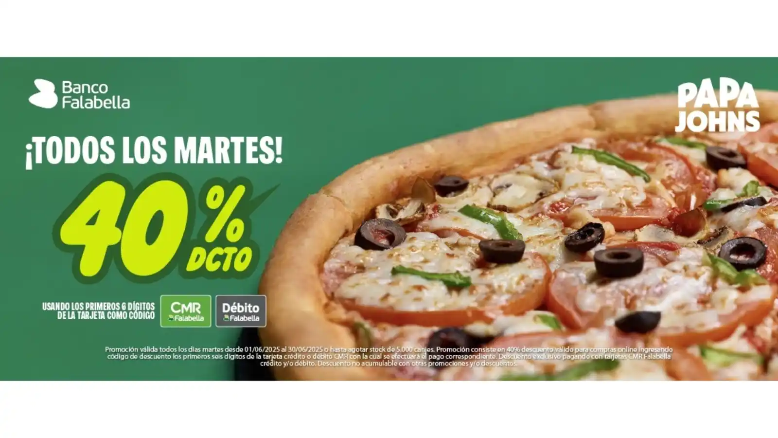 Image from Knasta Chile / Ofertas Y Cupones Exclusivos: MARTES! 40% DCTO con CMR o Debito Falabella en PAPAJOHNS 🔗https://kn...