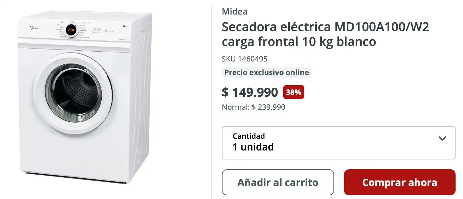 Image from Knasta Chile / Ofertas Y Cupones Exclusivos: Midea Secadora eléctrica carga frontal 10 kg blanco OFERTA: $149.990�...