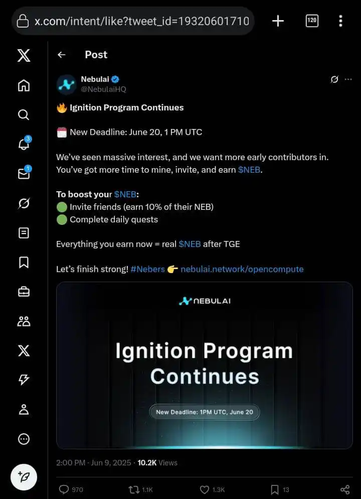 Image from Airdrop Hustle 💎: Nebulai mining now extended till June 20th More daily tasks added Ke...