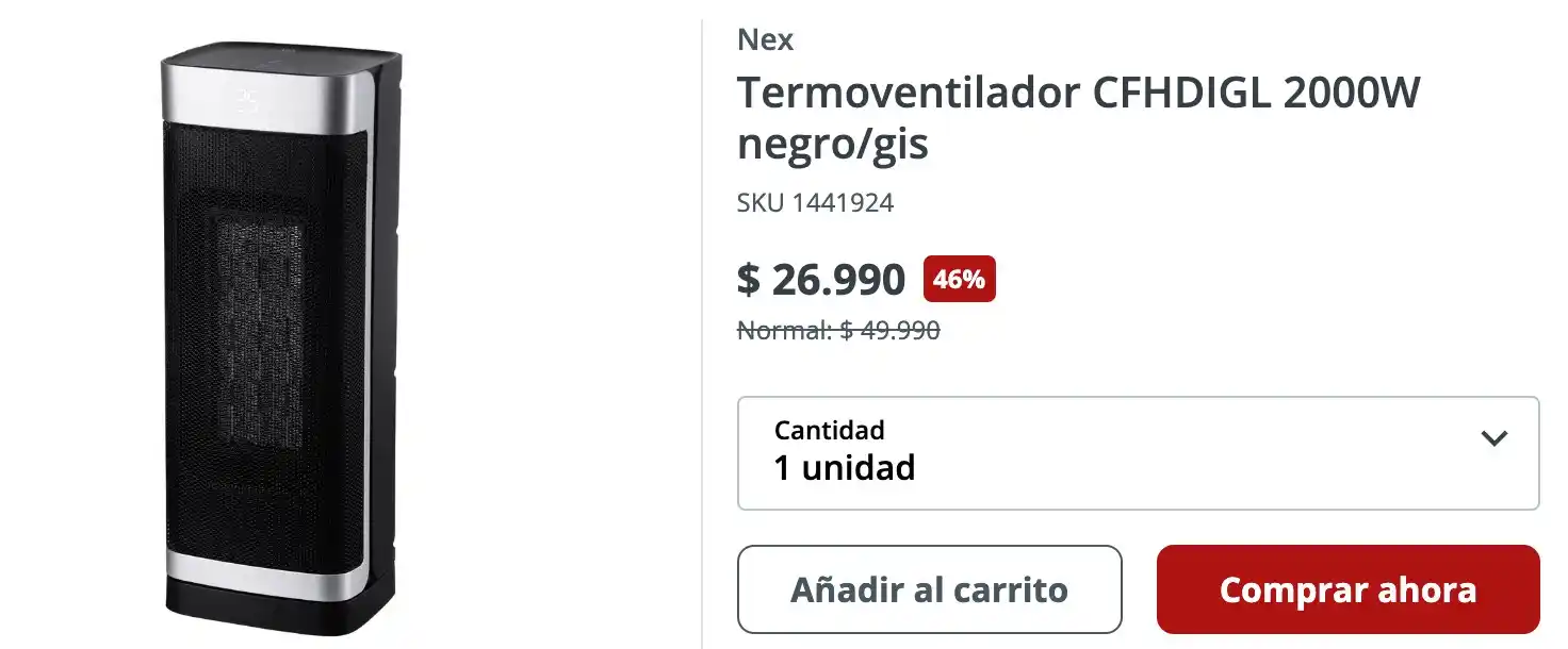 Image from Knasta Chile / Ofertas Y Cupones Exclusivos: Nex Termoventilador CFHDIGL 2000W negro/gis OFERTA: $26.990🔥(Otras t...