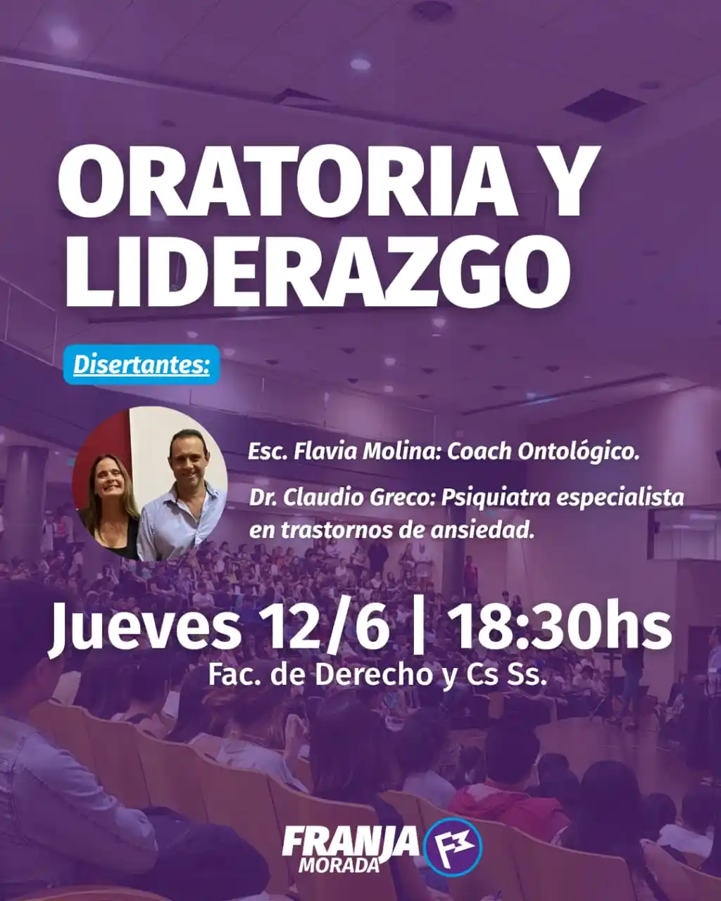 Image from FRANJA MORADA DERECHO UNT 💜: 🕡 *¡NUEVO HORARIO! | CHARLA: "ORATORIA Y LIDERAZGO" – JUEVES 12/6 – 1...