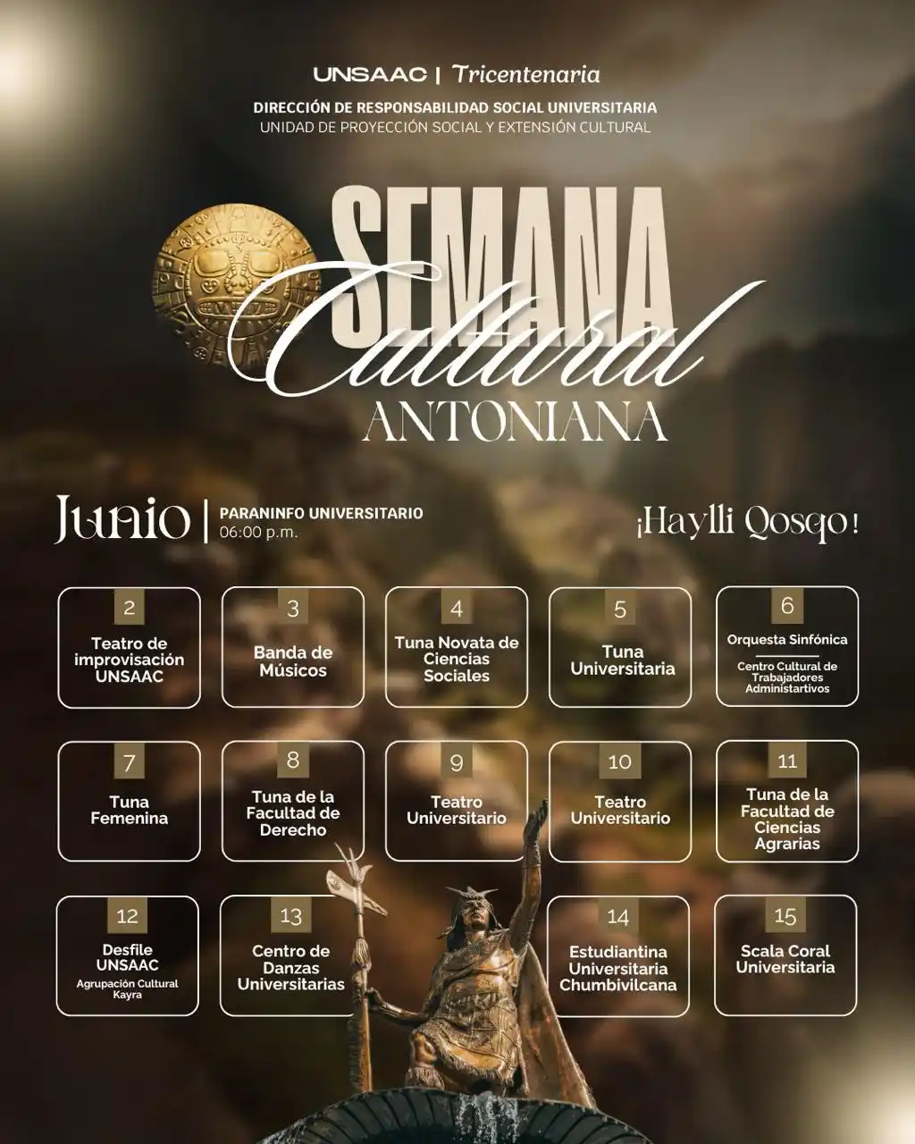 Image from UNSAAC INFORMES 📣: *|| SEMANA CULTURAL* *UNSAAC* 🎉 _La UNSAAC saluda al Cusco en su ...