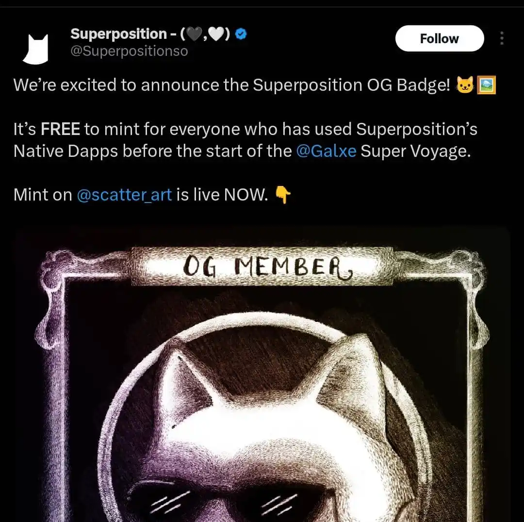 Image from Airdrop Hustle 💎: The Superposition OG Badge! 🐱🖼️ It’s FREE to mint for everyone who ...