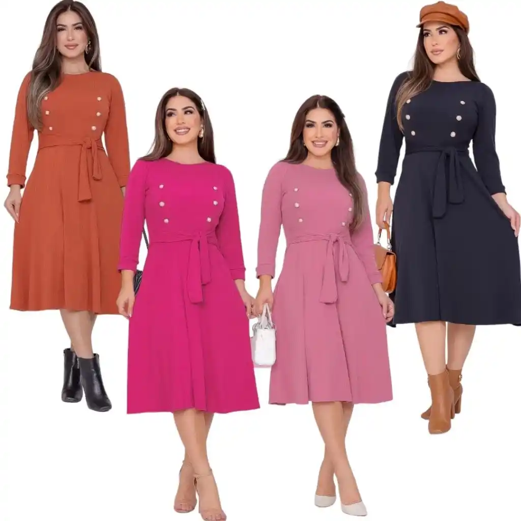 Image from Promodescontos (canal): 🛍️Vestido Feminino Mídi Rodado Gode Manga 3/4 Botão Gola Redonda Moda...