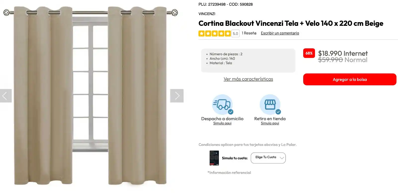 Image from Knasta Chile / Ofertas Y Cupones Exclusivos: VINCENZI Cortina Blackout Tela + Velo 140 x 220 cm Beige Aporta un to...